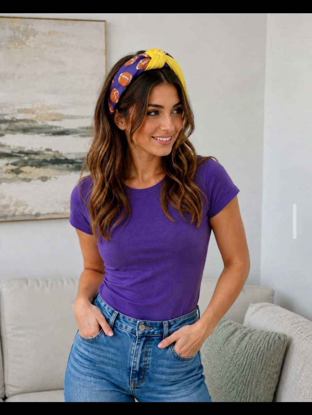 Women's Football Print Knot Headband - Yellow & Purple